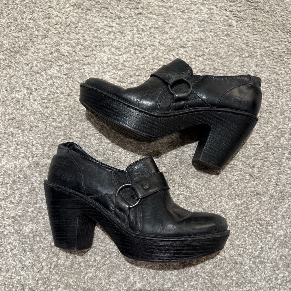 Born Black Leather Platform Clog Heels with Ring Strap